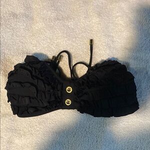 Black Ruffled Bikini Top with Gold Accents